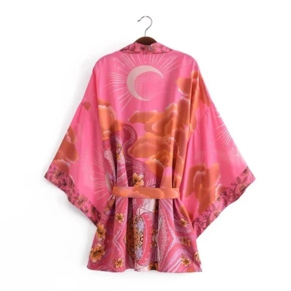 Fuchsia Pink Cosmic Galaxy Moon Boho Short Kimono Coverup Robe - Picture 2 of 10